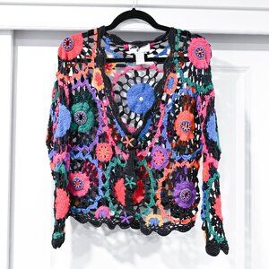 Vintage One Size Crochet Y2K Multicolor Beaded Knit Cardigan